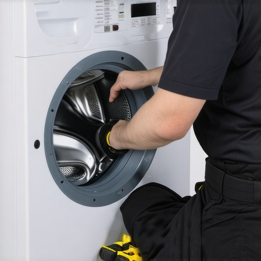 Technician fixing a washing machine with tools