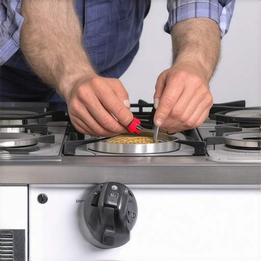 A technician thoroughly cleaning a gas stove burner to ensure proper flame color