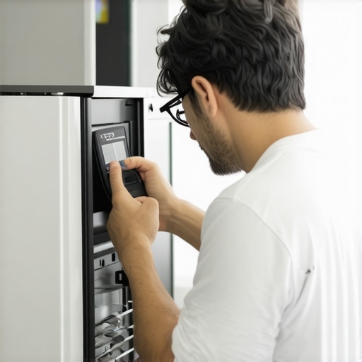Homeowner Performing Appliance Maintenance Person testing an appliance with a multimeter and cleaning refrigerator coils