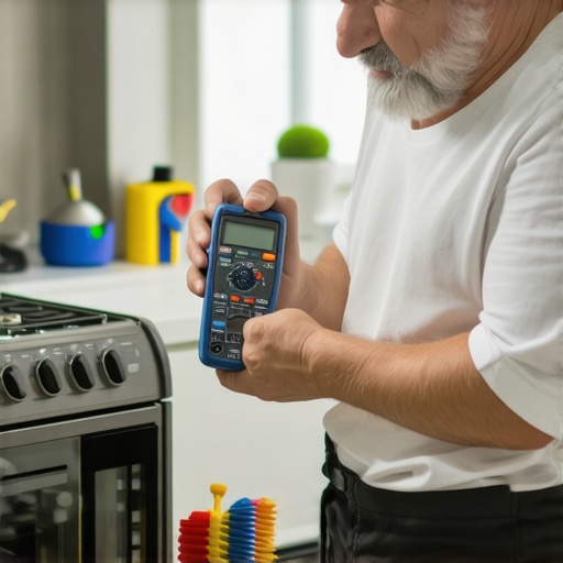 Person inspecting appliances with a multimeter and cleaning brushes