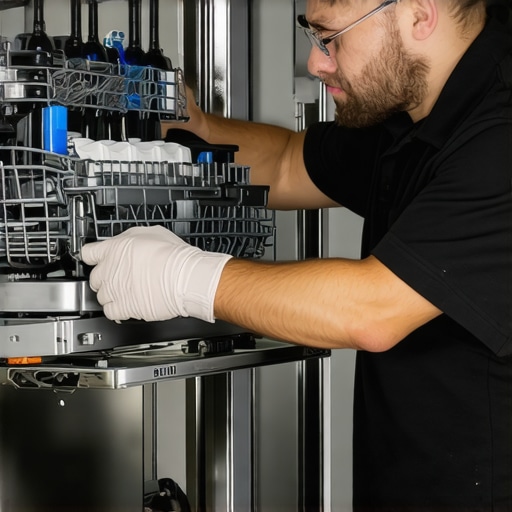 Technician checking the water inlet valve and spray arms of a dishwasher for clogs and proper function.