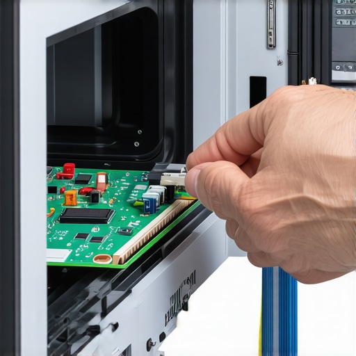 Inspecting Microwave Circuit Board and Touchpad Ribbon Technician checking internal connections of microwave touchpad and circuit board for troubleshooting