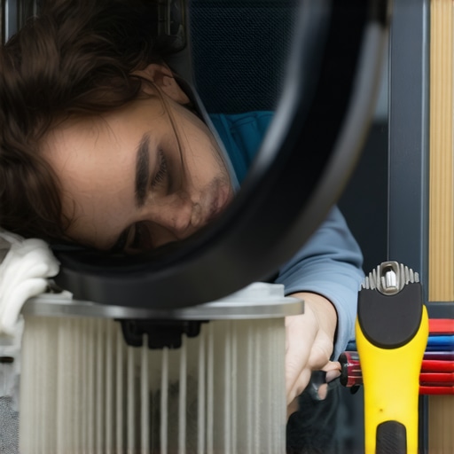 Person checking and cleaning the washing machine's drain filter to prevent suds buildup.