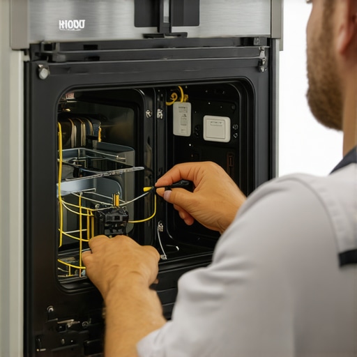 Technician checking wiring and sensors inside a smart oven.