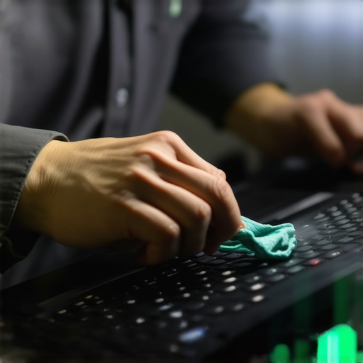 Close-up of technician cleaning a laptop keyboard with compressed air and microfiber cloth