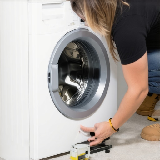 Person adjusting the feet of stacked washer and dryer on carpet with a spirit level for proper alignment