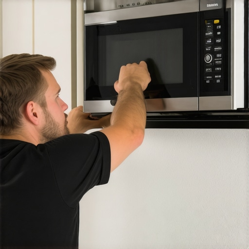 Technician securing and leveling a built-in microwave in a modern kitchen