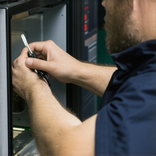 Technician inspecting microwave capacitor and diode during repair