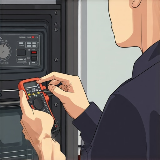 Technician inspecting oven's internal components with tools.