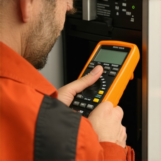 A technician using a digital multimeter to diagnose an appliance.