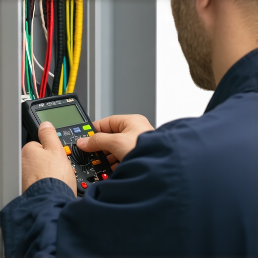 Professional Appliance Diagnostics with Multimeter Technician testing appliance wiring with a multimeter in a workshop environment