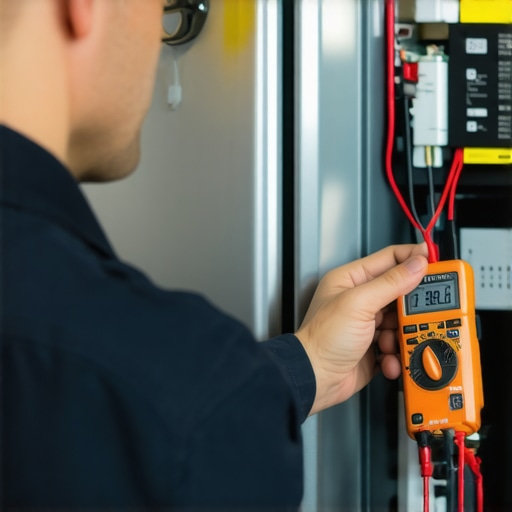 Technician testing appliance voltage with a multimeter during maintenance