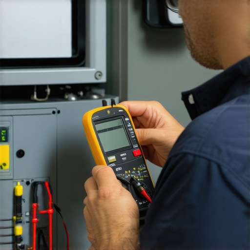 Professional HVAC Diagnostic Tools in Action Technician testing wiring with multimeter on air conditioning unit.