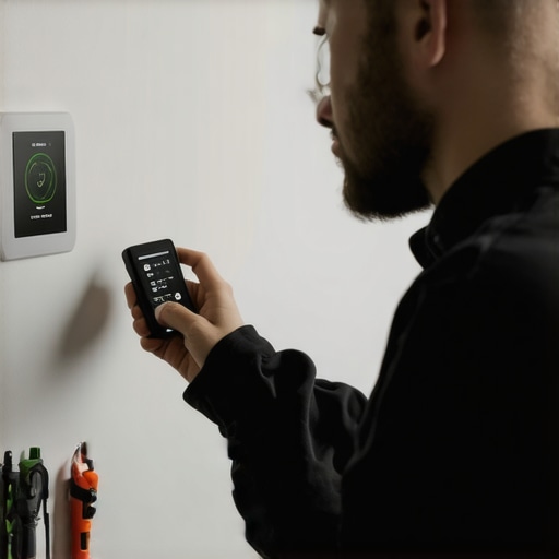 Technician calibrating a smart thermostat on a wall to ensure accurate temperature readings.