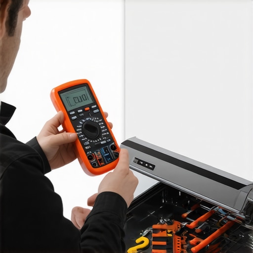 Technician testing appliance with multimeter and infrared thermometer