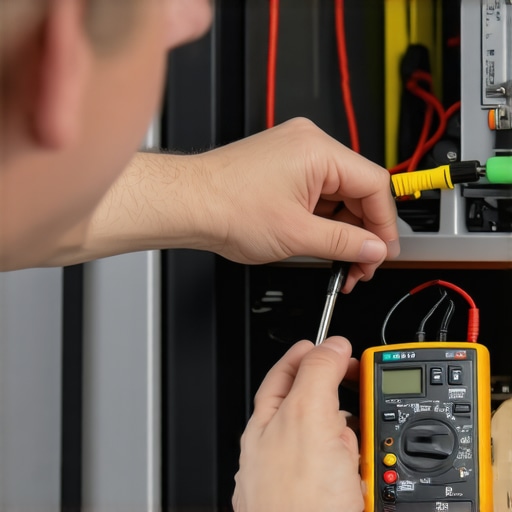 Professional appliance maintenance tools in use. Technician testing appliances with multimeter and gauge set.