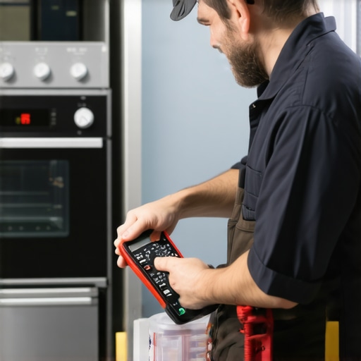 Technician testing appliance wiring with a multimeter and cleaning parts in a workshop.