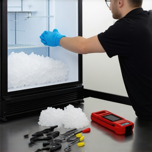 Technician repairing ice dispenser in a refrigerator, using tools to clear jam.