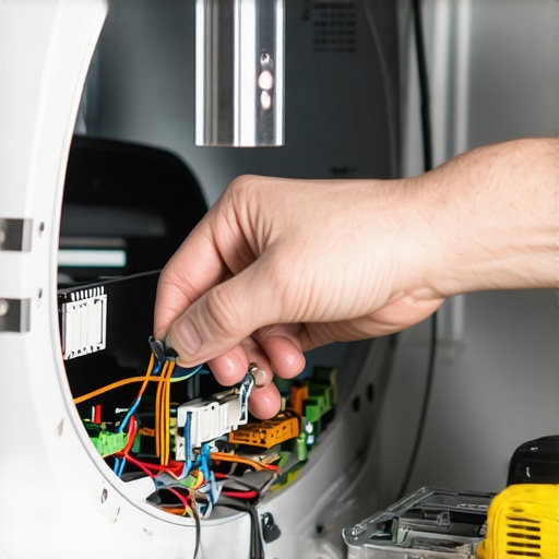 A technician carefully disconnecting the thermal fuse inside a clothes dryer
