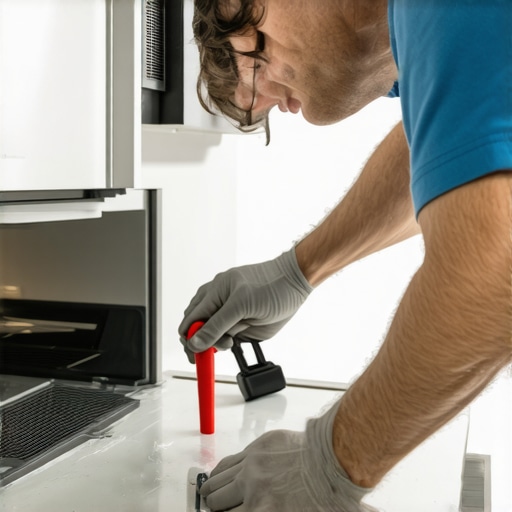 Technician sealing gaps around a kitchen appliance with silicone and using a level to ensure proper installation.