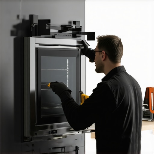 Technician installing a wall oven, using brackets and a spirit level for precise alignment.