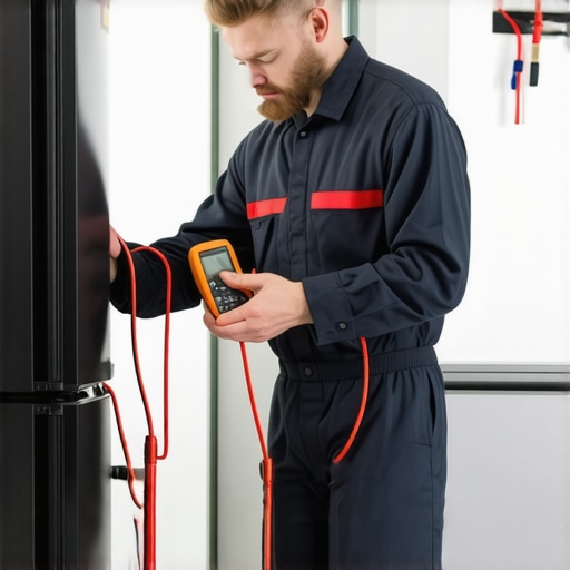 Smart Appliance Maintenance Tools in Action Technician using leak detector and multimeter for appliance repair