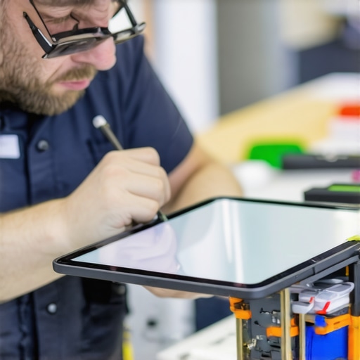 A technician repairing a tablet screen with precise tools