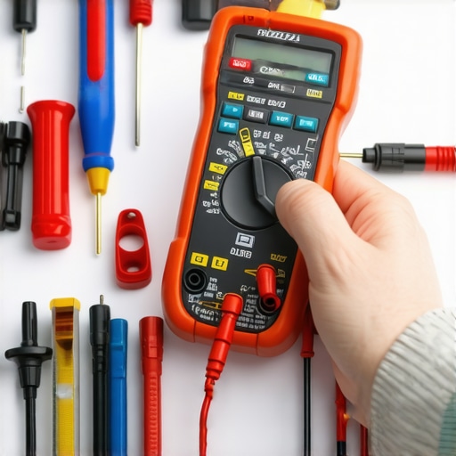 A technician testing an appliance circuit with a digital multimeter in a well-lit workshop.