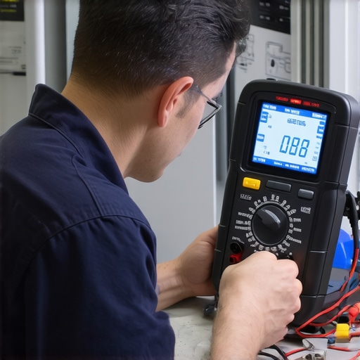 Technician testing an appliance with a multimeter and diagnostic device in a workshop.