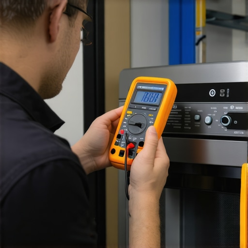Tech Tools for Appliance Maintenance A technician holding a digital multimeter and using a thermal imaging camera to inspect appliances.