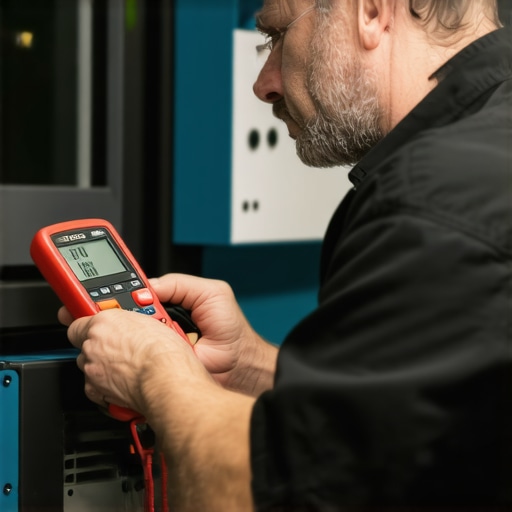 Technician testing electrical components of an appliance with a multimeter in a workshop