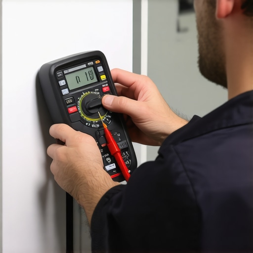 Technician measuring appliance voltage with a digital multimeter