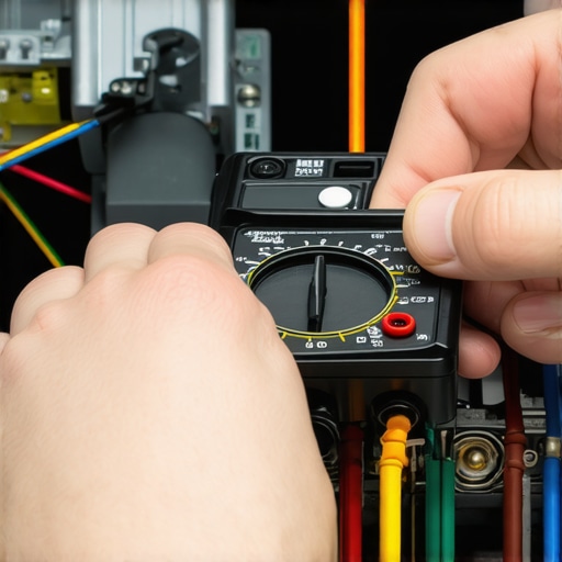 Person testing a dryer heating element with a multimeter in a well-lit workshop