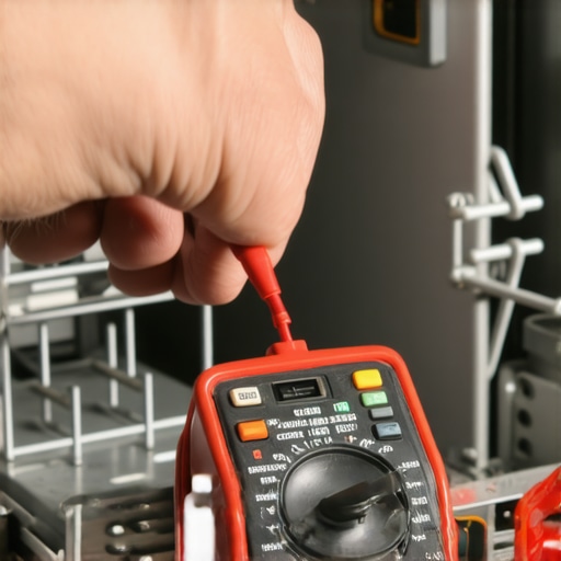 Technician using a multimeter to test a small switch inside an oven latch assembly.