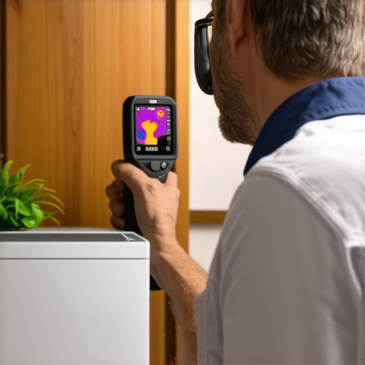 Technician holding a thermal camera while examining appliances for early fault detection.