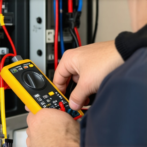 Technician inspecting appliance wiring with multimeter and thermal camera
