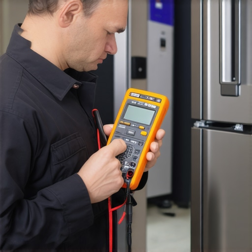 Tools for Appliance Troubleshooting Technician measuring electrical current on an appliance with a multimeter in a workshop.