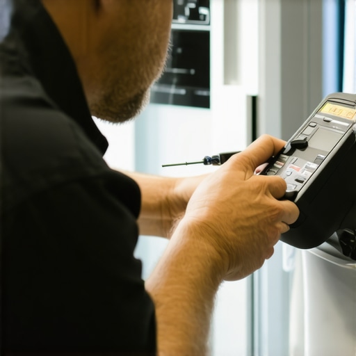 Technician inspecting appliance with multimeter and screwdrivers in workshop