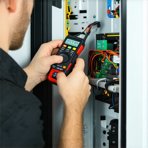 Technician using a multimeter and inspection camera during appliance repair.