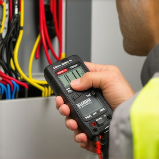 Technician testing appliance wiring with a digital multimeter in a workshop