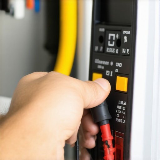 Technician testing an appliance with a multimeter for electrical issues