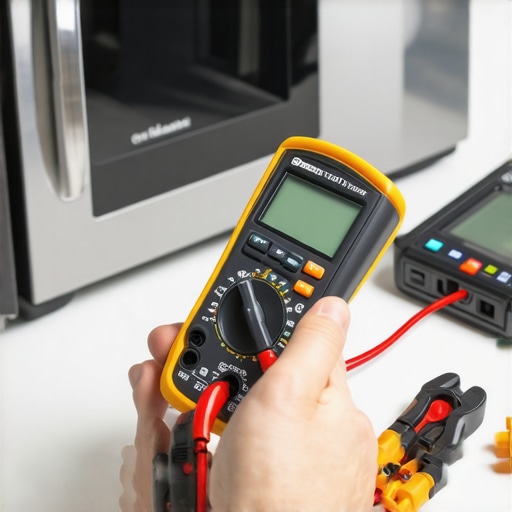 Using a Multimeter for Appliance Maintenance Person measuring electrical component of an appliance with a multimeter.