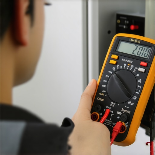 Person testing electrical connections on an appliance with a digital multimeter.