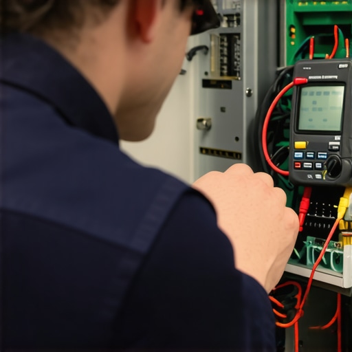 Technician testing appliance wiring with a multimeter in a professional repair setting.