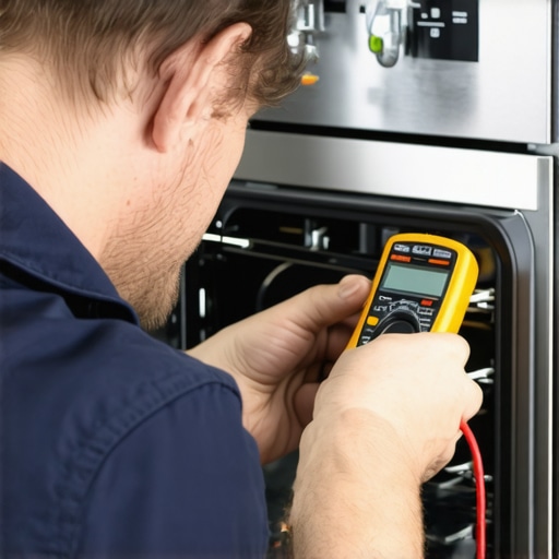 Technician inspecting oven control board with multimeter