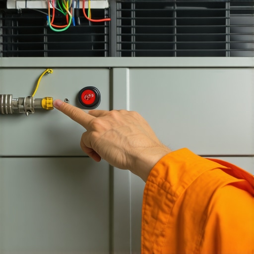 Close up of a red reset button on an outdoor AC compressor unit.