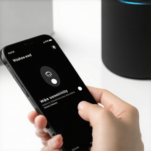 Hand adjusting wake word sensitivity on a phone app for a smart speaker.