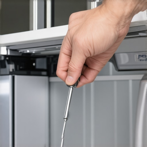 Close-up of a screwdriver tightening a dishwasher door strike plate for proper latch alignment.