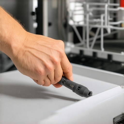 Close-up of a person aligning a dishwasher door strike plate with a screwdriver.