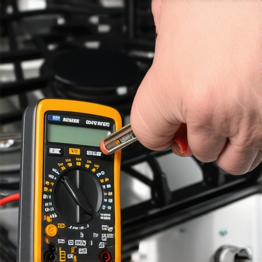 Technician using a multimeter to troubleshoot a clicking gas stove igniter switch.